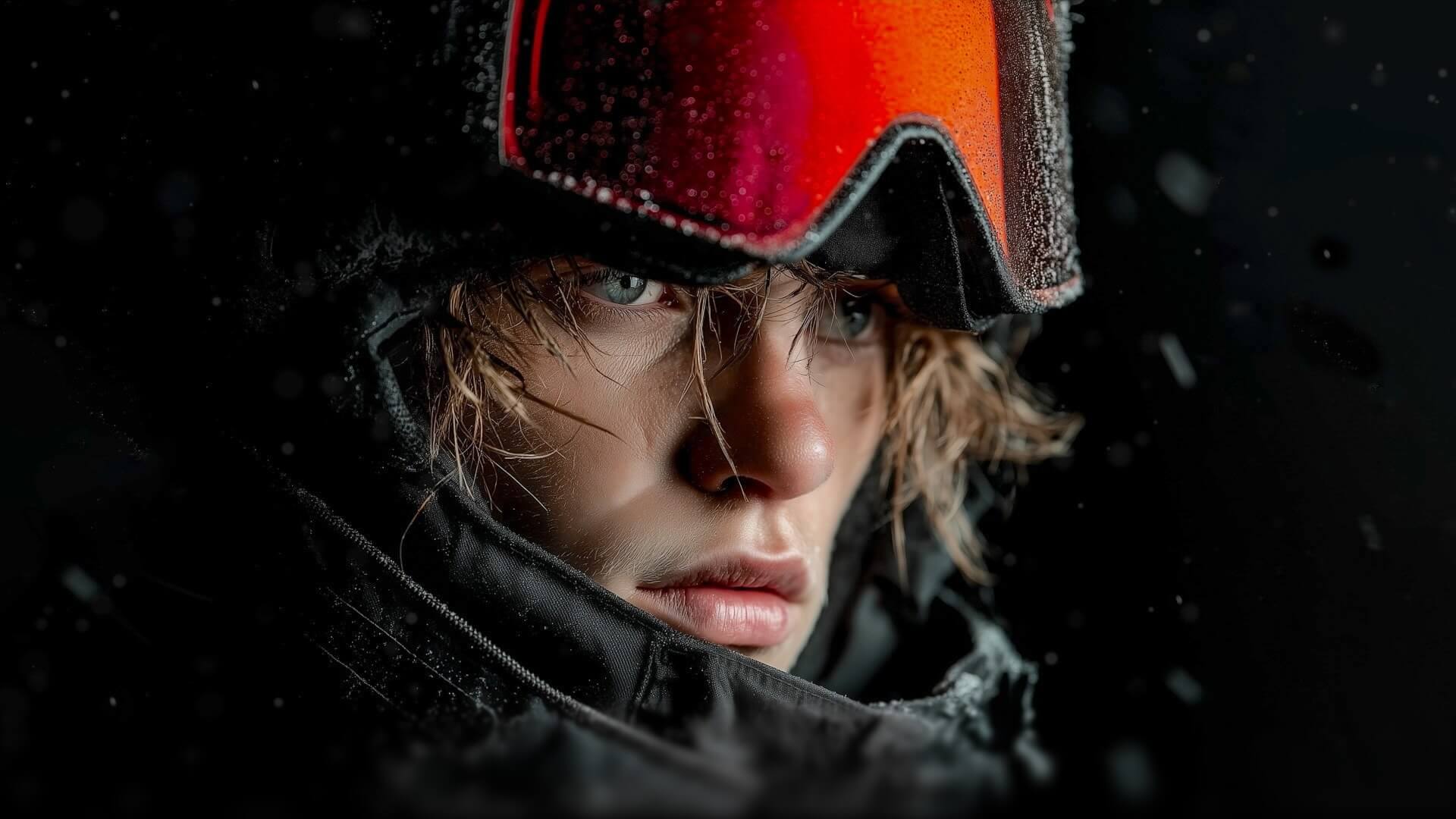 A close-up portrait of a young person wearing a ski helmet and goggles with a reflective orange lens.